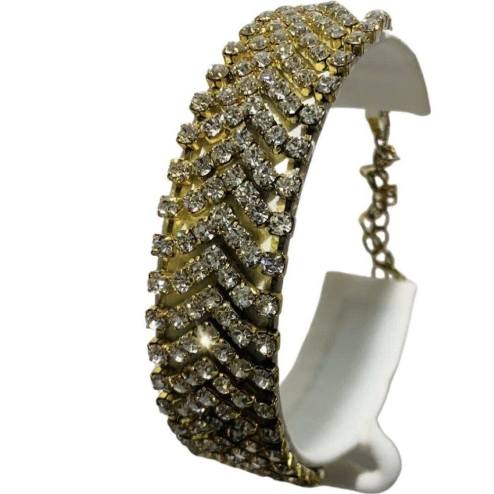Vintage Multi Row Rhinestone Gold Tone Chain Wedding Runway Women’s Bracelet